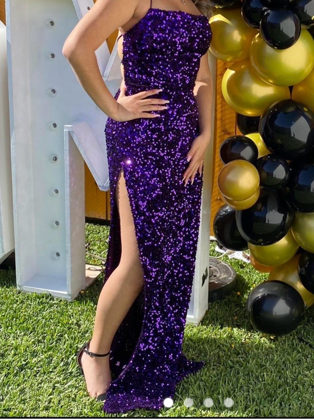 Lucy in the Sky Purple Sequin Strapless Prom Gown with Side Slit